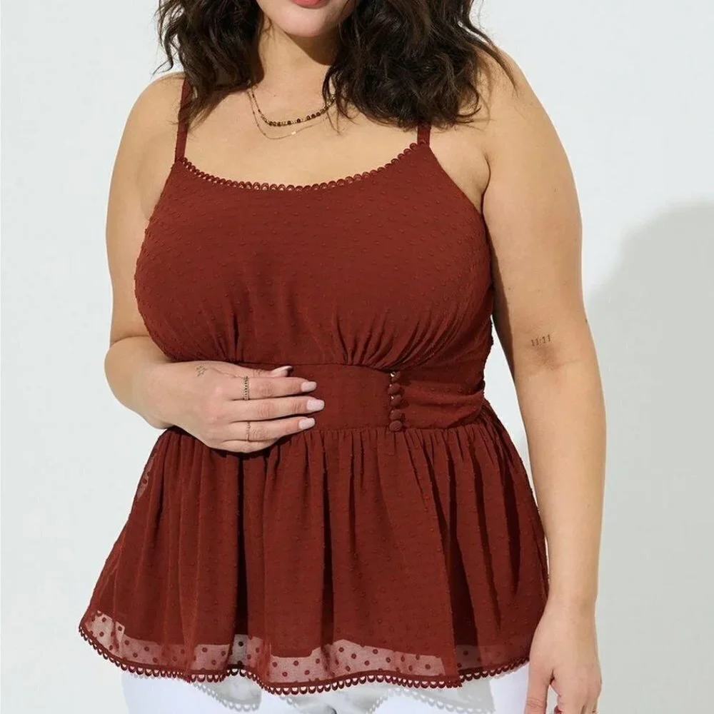 Torrid - Peplum Clip Dot Shirred Bust Lace Trim Top in Brick Red​​​​​​​​​ - Picture 10 of 12
